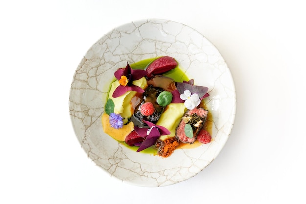 Plated gourmet dish top view